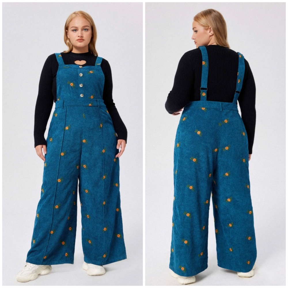 Cider Corduroy Floral Embroidered Pinafore Jumpsuit Overalls NWT